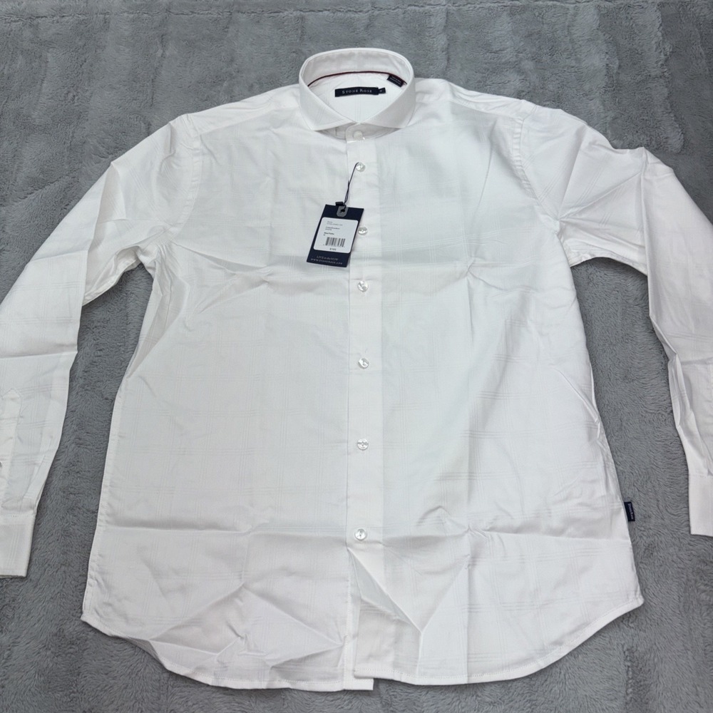 NWT Stone Rose windowpane techno stretch long-sleeve shirt in white Med